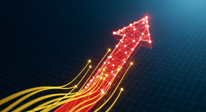 Image of red upward arrow, connected nodes, yellow lines on dark grid surface, symbolizes positive trend, progress and digital advancement concept