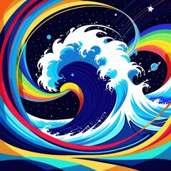 Obraz premium Vibrant Abstract Representation of Colorful Ocean Waves Against a Starry Cosmic Background