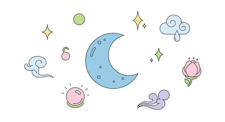 Whimsical collection of magical kids' icons featuring a crescent moon, stars, clouds with rain, a lotus flower, a crystal ball, and swirling mystical elements, perfect for children's illustrations
