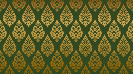 Vintage Thai Wallpaper in Gold Pattern on Green Background