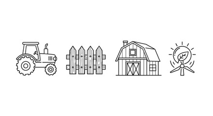 Set of simple linear illustrations depicting agricultural elements: a tractor, a wooden fence, a barn, and a wind turbine with a leaf symbol representing renewable energy, perfect for design projects