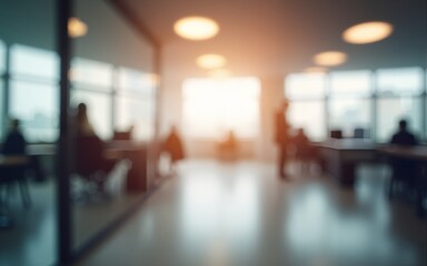 Blurred office environment with a soft focus featuring bright lighting and bokeh effects for a professional feel. High quality