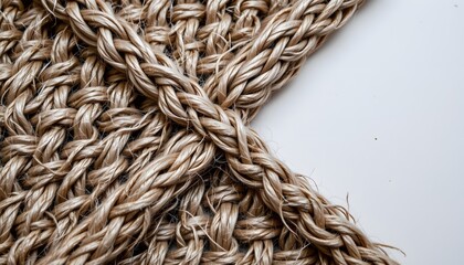 Detailed Closeup of Handwoven Natural Fiber Textile in Soft Beige Tones on White Background