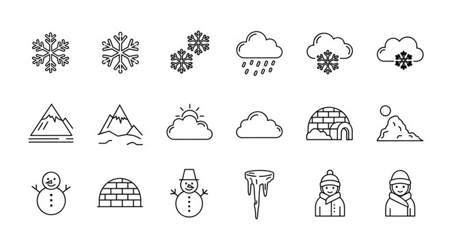 Collection of minimalistic thin outline icons representing winter weather and activities, including snowflakes, clouds with rain and snow, mountains, igloos, snowmen, icicles, and people dressed for