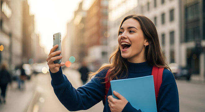 Young woman excitedly video chatting on her phone while walking through a city street with a backpack and notebook on a sunny day smiling and looking happy