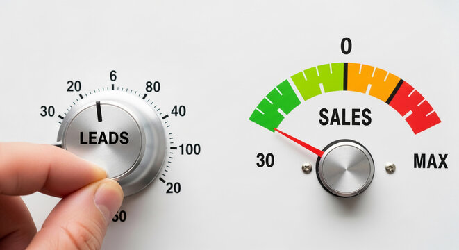 Close-up of a hand turning a knob marked "Leads" and a gauge displaying "Sales," representing business growth, progress, and potential achievement