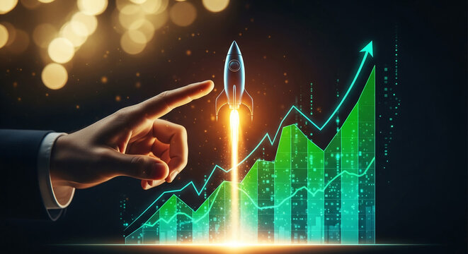 Digital image shows a hand, rocket launch, and upward trend graph, representing business growth, success, and innovation on dark background - Powered by Adobe