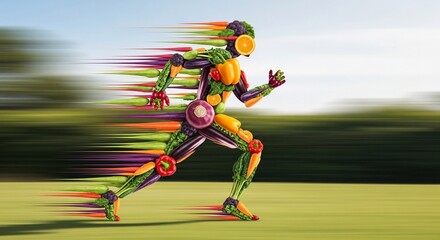 Vibrant Fruit and Vegetable Runner with Motion Blur on Green Field.