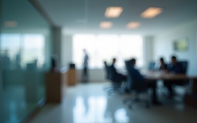 The intentionally blurred image shows the interior of the office, showing the different departments of the office in a blur. High quality