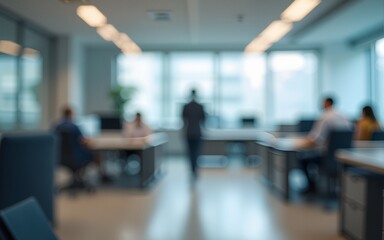 The intentionally blurred image shows the interior of the office, showing the different departments of the office in a blur. High quality