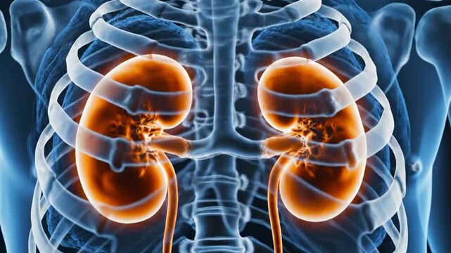 Anatomical view showing kidneys and rib cage with blue transparent human body and dark background