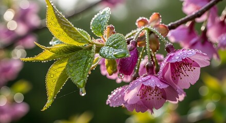 Closeup of delicate pink cherry blossoms covered in water droplets after a spring rain, with soft green leaves in the foreground