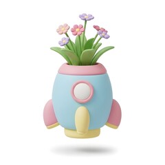 Cute cartoon rocket planter with colorful flowers, isolated on white background