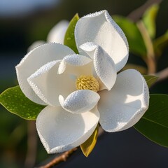 Closeup of a delicate white magnolia flower with dew drops, showcasing its intricate petals and yellow stamen against a blurred natural background