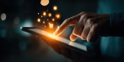 Close up of a hand touching a tablet screen with ecommerce icons floating above it, representing online shopping and digital marketing
