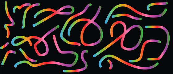 Vibrant rainbow swirls and lines on a black background abstract art