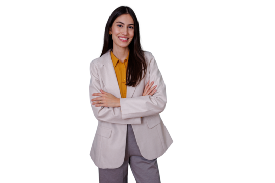 Confident businesswoman smiling with arms crossed, standing and looking at camera, transparent background for easy integration