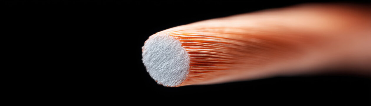 Close up of electric wire cross section showing copper texture with detailed strands and smooth insulation surface