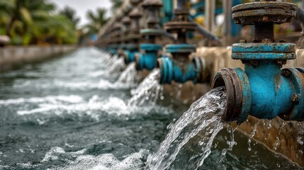 Water gushing from blue pipes in a row, a sustainable solution for water supply, a vital resource for agriculture and industry