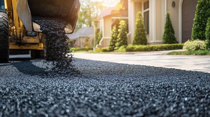 Closeup of fresh asphalt being poured on a driveway, showcasing the process of road construction and home improvement