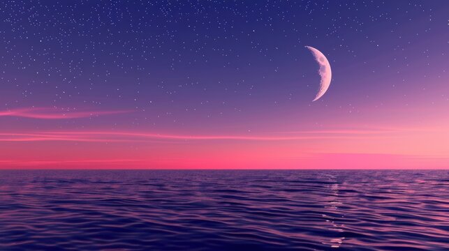 Serene Ocean Scene with Pink Sunset Sky and Crescent Moon