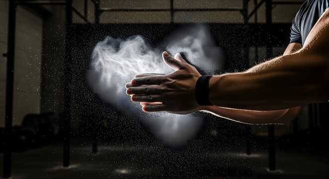 A Bodybuilder Preparing to Lift Weights with Chalk on Hands, A Powerlifter Getting Ready to do Deadlifts with Gymnastics Chalk on Their Hands