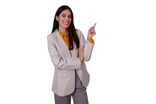 Young businesswoman smiling, pointing finger up, indicating direction, presenting choice, advertising product, transparent background - Powered by Adobe