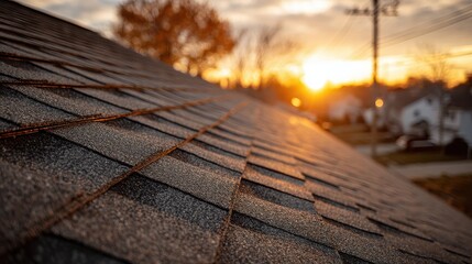 Close up of asphalt roof shingles at sunset with blurry background and warm light house roof repair and construction concept