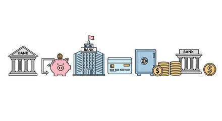 A vibrant and illustrative collection of bank-related icons, featuring classic and modern bank buildings, a piggy bank with a coin, a credit card, a secure safe, and stacks of coins, all rendered in