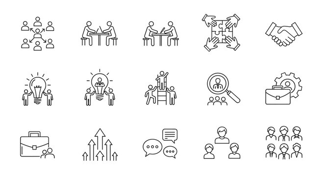 A collection of thin line icons representing teamwork, collaboration, and business concepts, including team building, human resources, coworking, and professional development, suitable for digital