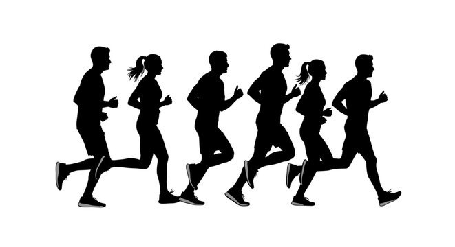 Dynamic black silhouettes of a diverse group of men and women running together in a side view, capturing the energy and motion of a group fitness activity or marathon, isolated on a white background - Powered by Adobe