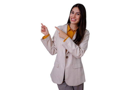 Woman smiling, pointing left, presenting information, gesturing directions, advertising product with transparency