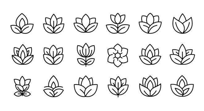 Set of 15 abstract line art flower and leaf logo icons, presented in a clean, modern, and minimalist style, perfect for branding and design projects, isolated on a white background for easy