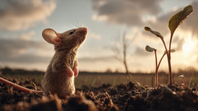 Brown American mouse looking upward at the sky outdoors