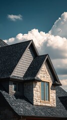 Closeup of a beautiful house with stone and shingle siding under a blue sky with fluffy white clouds on a sunny day