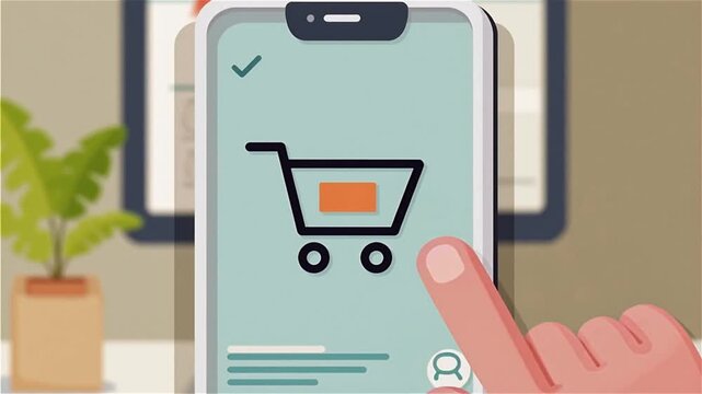 4K cartoon smartphone UI screen showing a shopping cart icon. A friendly human hand cursor taps the cart icon with a gentle bounce animation