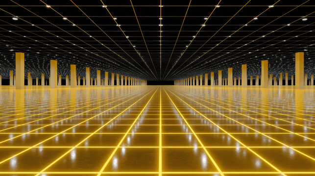 Golden metallic grid reflections floor inside modern large space with columns and dark ceiling lights creating depth