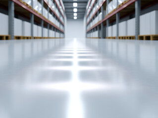 Fototapeta premium High tech warehouse aisle with LED floor grid reflections creating futuristic and clean storage environment