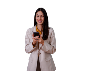 Professional woman smiling, using smartphone for communication and business networking, on transparent background