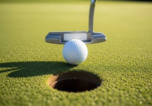 Closeup of a golf ball on a green putting green, about to be putted into the hole