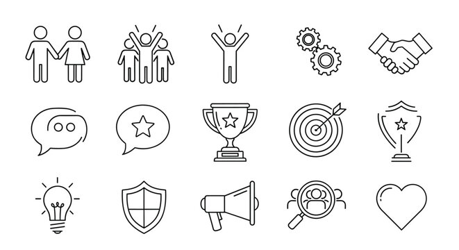 A comprehensive collection of vector line icons representing community, teamwork, partnership, success, communication, ideas, and more, perfect for business and lifestyle themes. This set includes