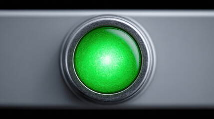 Green illuminated indicator light on industrial control panel showing operational status with metallic frame