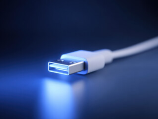 Fototapeta premium USB cable connector illuminated by soft blue light close up macro shot with blurred background