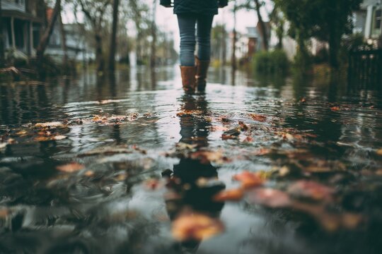 Person walking through flooded street with fallen leaves - Powered by Adobe