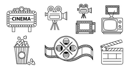 Cinema icon set featuring a movie sign, vintage camera, film reel, popcorn, clapperboard, and television, representing the world of film and entertainment. This collection of graphic resources is