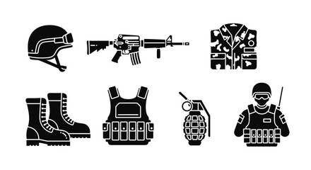 Collection of black solid combat gear icons, including a soldier in uniform with helmet and goggles, a tactical vest, a rifle, camouflage jacket, combat boots, and a grenade, representing military