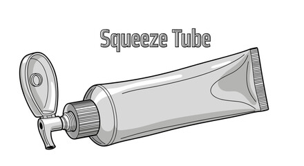 A clean, minimalist illustration of a silver squeeze tube with its cap open, showcasing its ribbed nozzle and textured end, perfect for representing personal care, cosmetics, or pharmaceutical