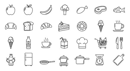 A comprehensive collection of thin line style vector icons representing a wide variety of food and drink items, including fresh fruits like apples and bananas, vegetables such as broccoli, baked