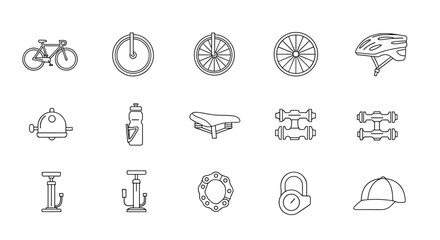 Collection of modern and editable bicycle icons isolated on a white background, featuring a bicycle, helmet, wheels, water bottle, saddle, pedals, chain, lock, bell, air pumps, and cap, presented as