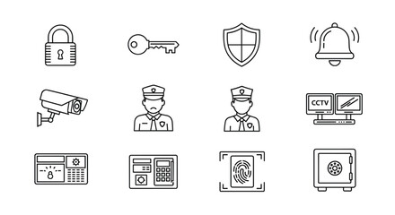 Collection of simple line vector icons representing security and surveillance concepts, including a padlock, key, shield, alarm bell, CCTV camera, security guard, surveillance monitors, access